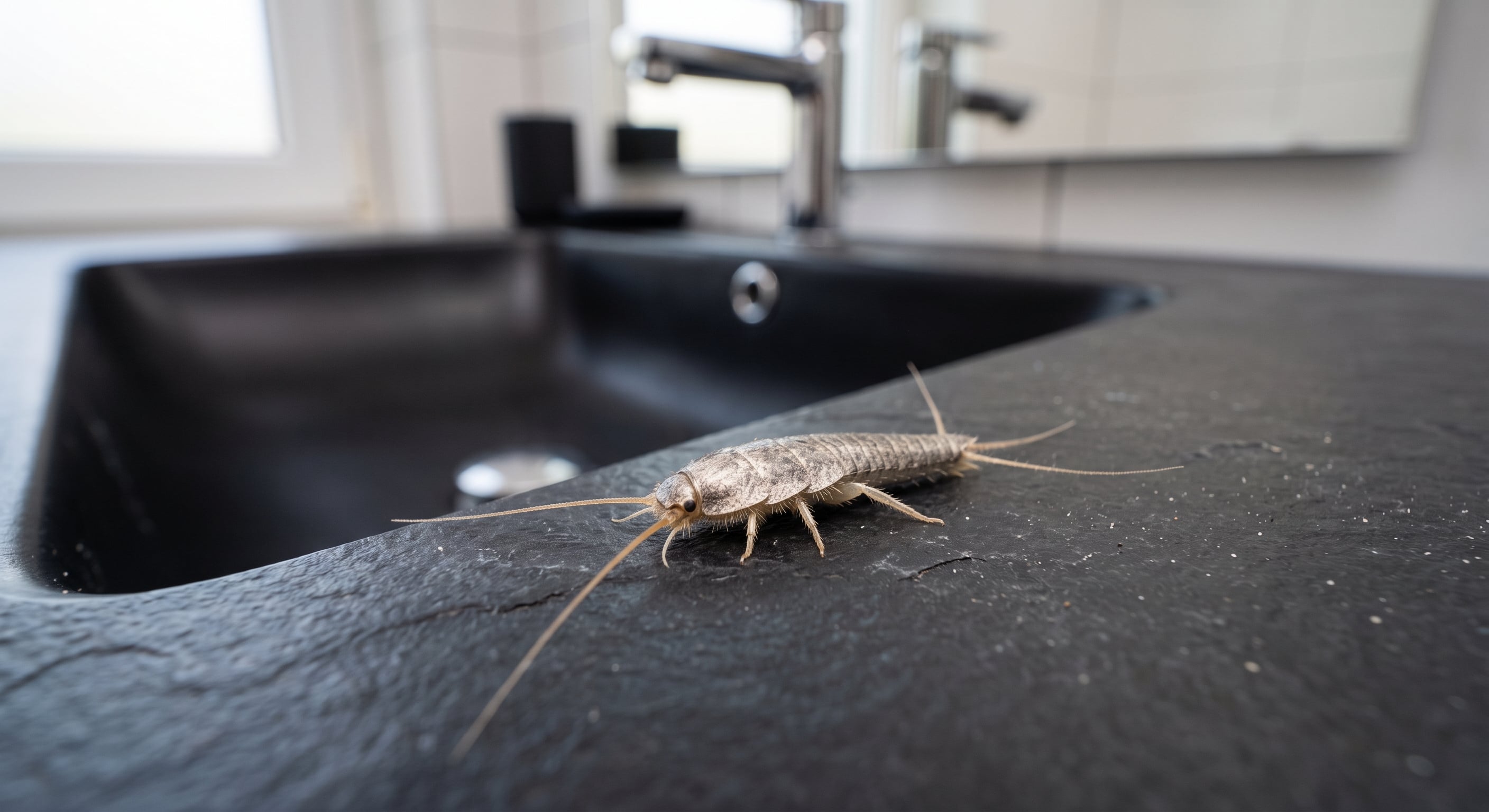 Makrofotó egy ezüstös pikkelykéről a fürdőszoba padlólapján, megmutatva a pikkelyeit és hosszú csápjait.